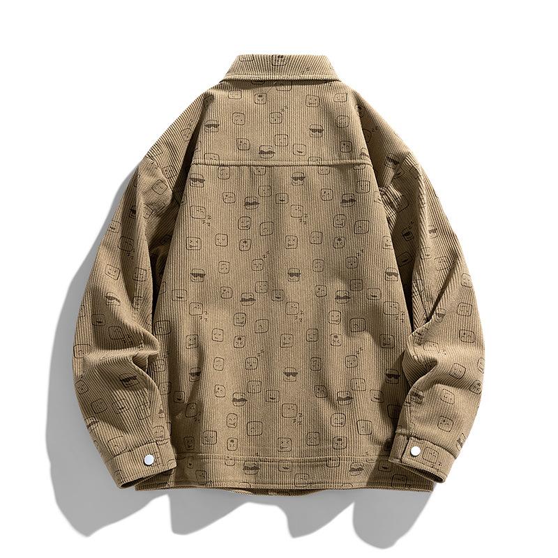 Płaszcz męski wiosenno-jesienny sztruksowy z klapami modny casualowy trend pełny nadruk prosty duży rozmiar płaszcz kurtka męska