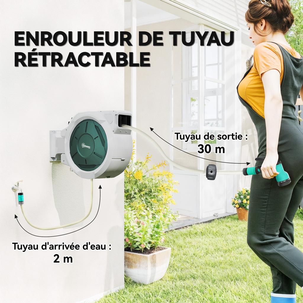 Wall-Mounted Watering Hose Reel 30 m x Ø 15 mm Automatic Retractable Water Hose Reel Automatic Grey