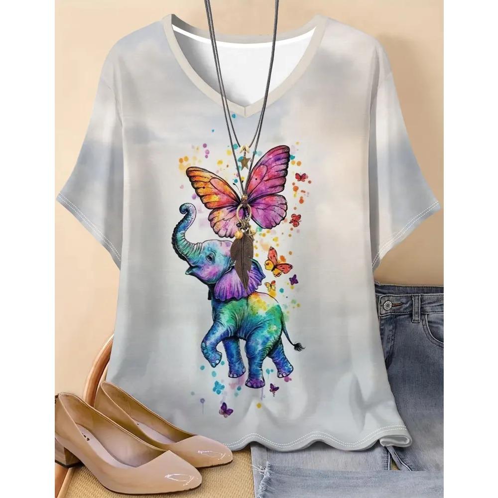 Summer Fashion Animal 3D Printed T-shirt Women's Loose Comfortable Soft Breathable V-neck Short Sleeved T-shirt
