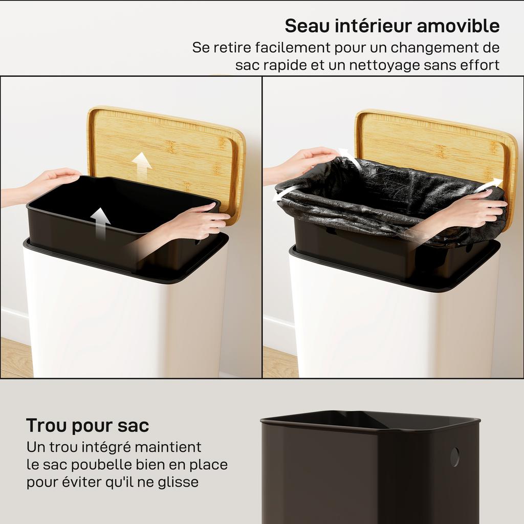 Kitchen Bin, 20 L, Foot-Operated, Bamboo Lid, Removable Inner Bucket, White
