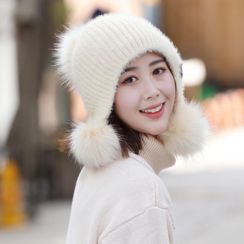 Neue Hohe Qualität Warme Mütze Frauen Kaninchen Fell Winter Hut Weibliche Mode Fügen Pelz Gefüttert Pompons Gestrickte Hut