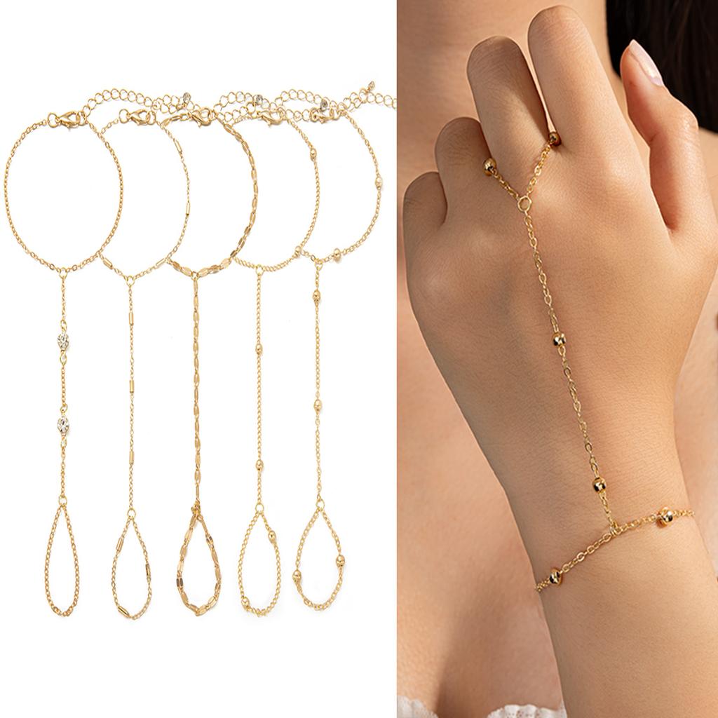 Niche Gentle Style Golden Beaded Finger-connected Bracelet, Integrated Ring Bracelet