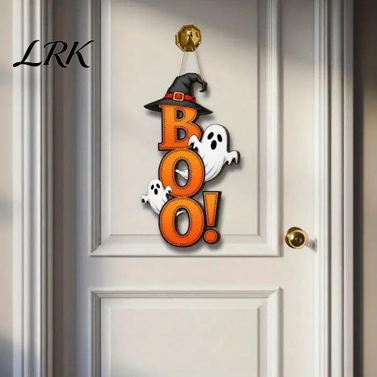 Halloween Hanging Sign Boo Ghost Sign, Wooden Door Hanger Cute Retro Decor Witch Hat for Front Wall Festival Celebration