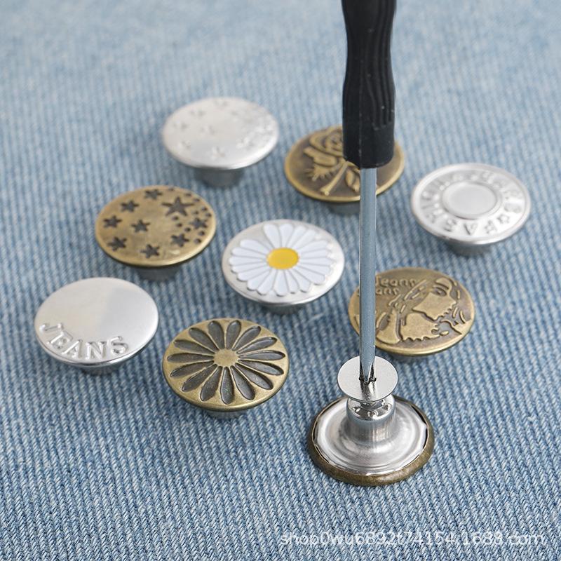 Adjustable No-Sew Detachable Metal Jeans Buttons – Flat Bottom, Nail-Free, Resizes Waistbands Effortlessly