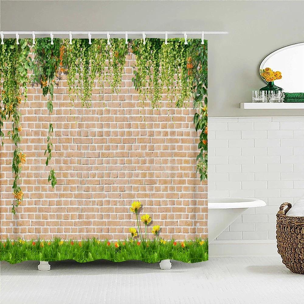 Retro Old Brick Wall Plant Printing Fabric Waterproof Shower Curtain Bathroom Curtains Bathtub Decor Bath Screen with 12 Hooks
