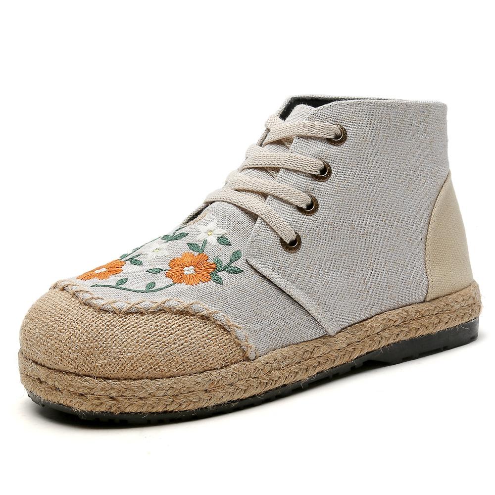 Damesko Håndlagde Vintage Broderte Ballerinaer Ankelstøvletter Sko Høy Topp Snøring Canvas Sneakers Lin Casual Fritid Espadriller