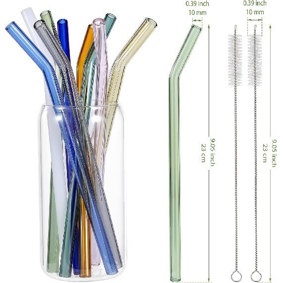 [10 Pcs] Reble Glass Straws Shatter Resistant - 9" x 10 mm Bent Multicolor Drinking Reble Straws With 2 Cleaning Brushes for Coffee,Milkshakes,Juice