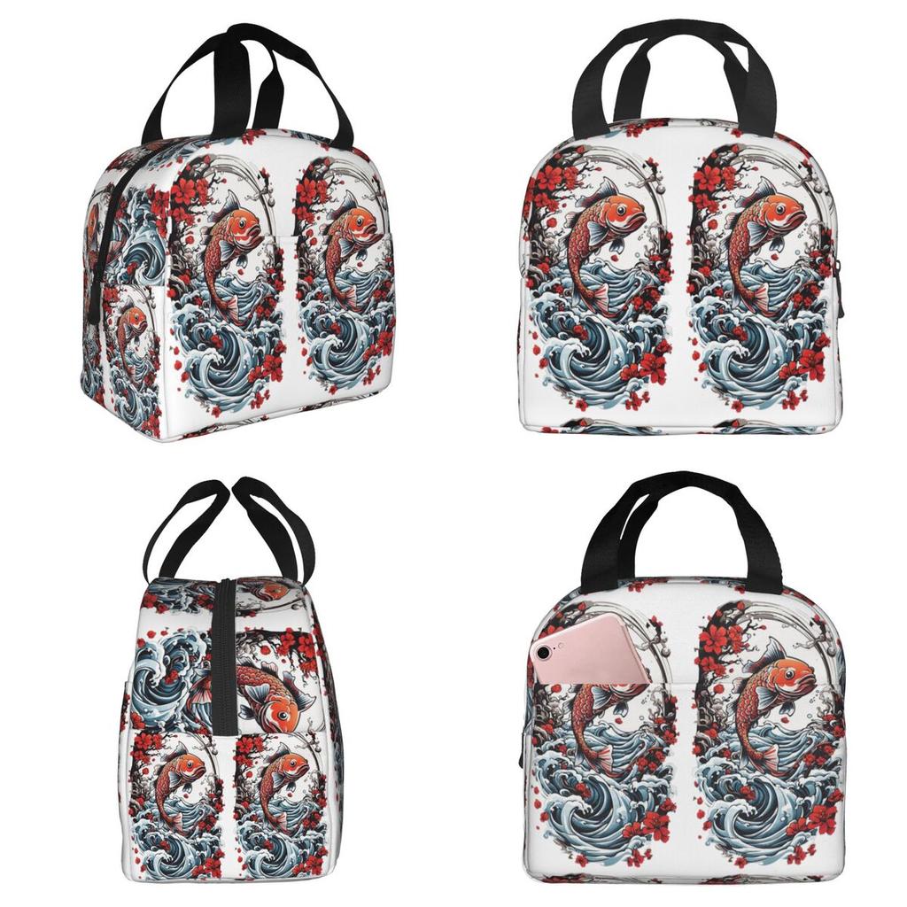 Japanischer Koi-Fischerei Streetwear-Stil Isolierte Lunchtasche für Kinder Schul-Kühltasche Thermische Lebensmittelbox Tragetasche Lunchboxen Behälter