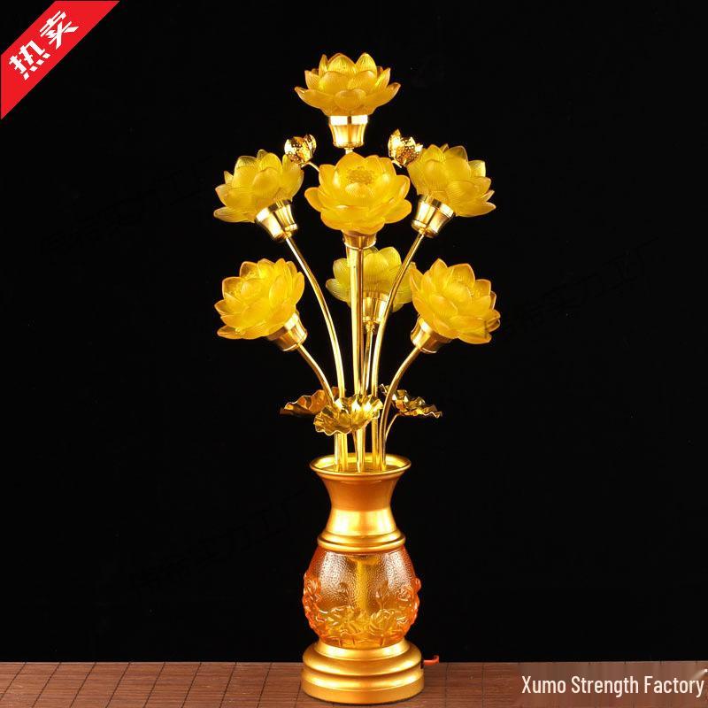 Seven-Color Lotus Lamp for Buddha Offering: Ever-Burning Guanyin Home Decor – Nine Horse Year Edition