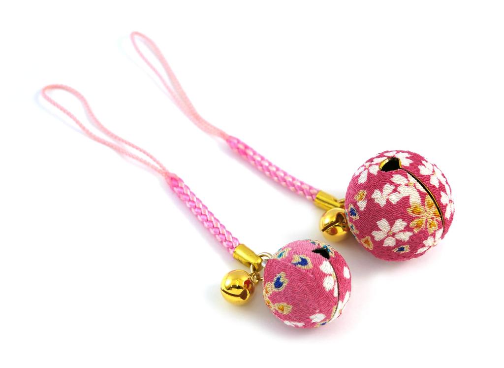Hana Chirimen Bells of Japanese Chirimen Netsuke Large Bell Small Bell (Set 2) Keychains (25mm Diameter) & (20mm Diameter) (Pale Pink)