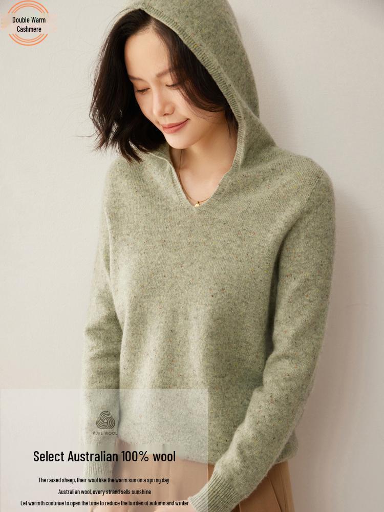 Women's Pure Wool Pointelle Hooded V-Neck Sweatshirt, Casual Loose Knit Sweater