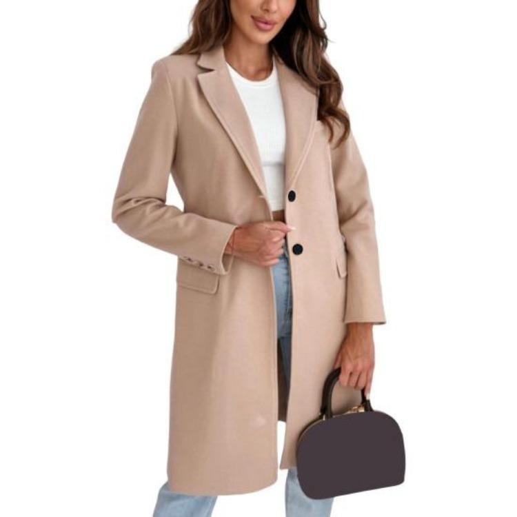 Warm Winter Women Woolen Coat Thick Mid Length Jacket Pure Color Turn Down Collar Formal Business OL Button Closure S хаки