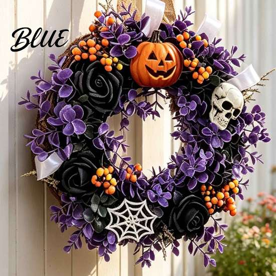 Accenti stagionali per la casa vacanze Ghirlande di Halloween per la porta d'ingresso Ghirlanda con teschio e zucca con bacche Rose nere per porta Foglie viola Porte Muro del portico