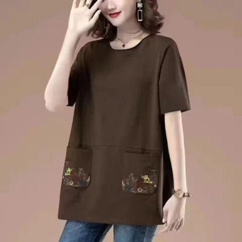 Long Length Pure Cotton Short-Sleeved T-shirt for Women Summer New Arrival Loose Plus Size Middle-Aged Ladieswear Loose Tummy Hiding Slimming Tops