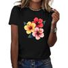 Kortermet T-skjorte for kvinner med trykk av lys hibiskusblomst, komfortabel passform, rund hals, svart, uformell T-skjorte for hverdagsbruk