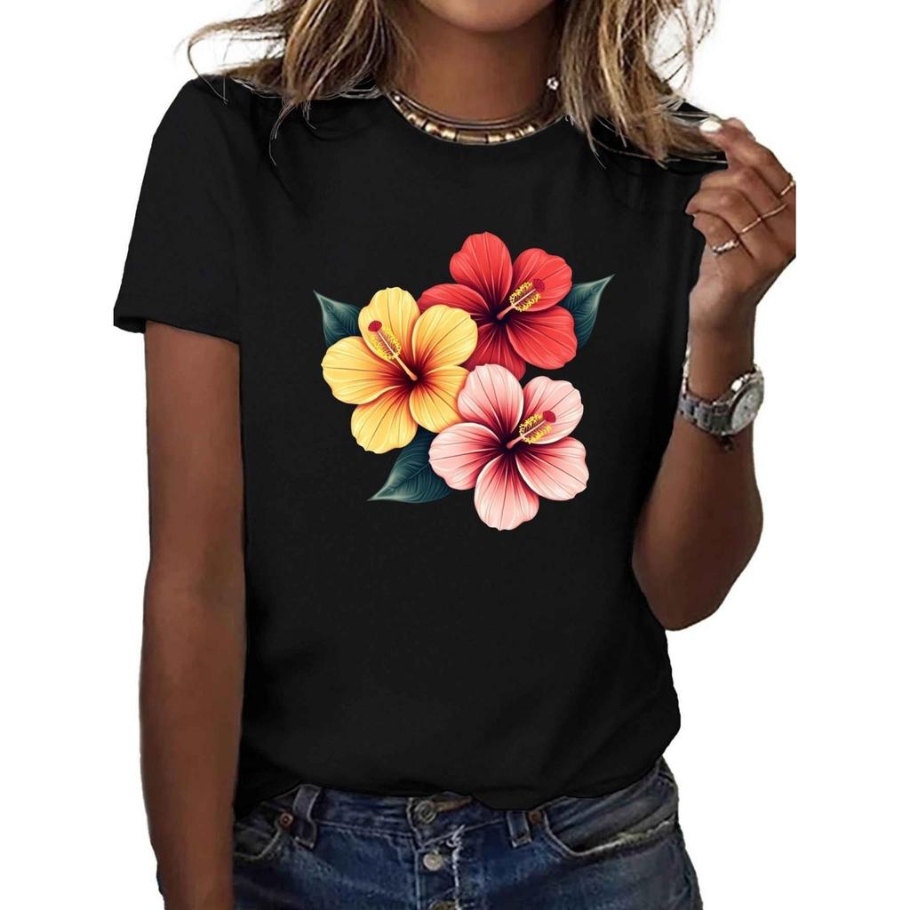 T-shirt da donna a maniche corte con stampa di un brillante fiore di ibisco, vestibilità comoda, girocollo, T-shirt nera casual per l'uso quotidiano