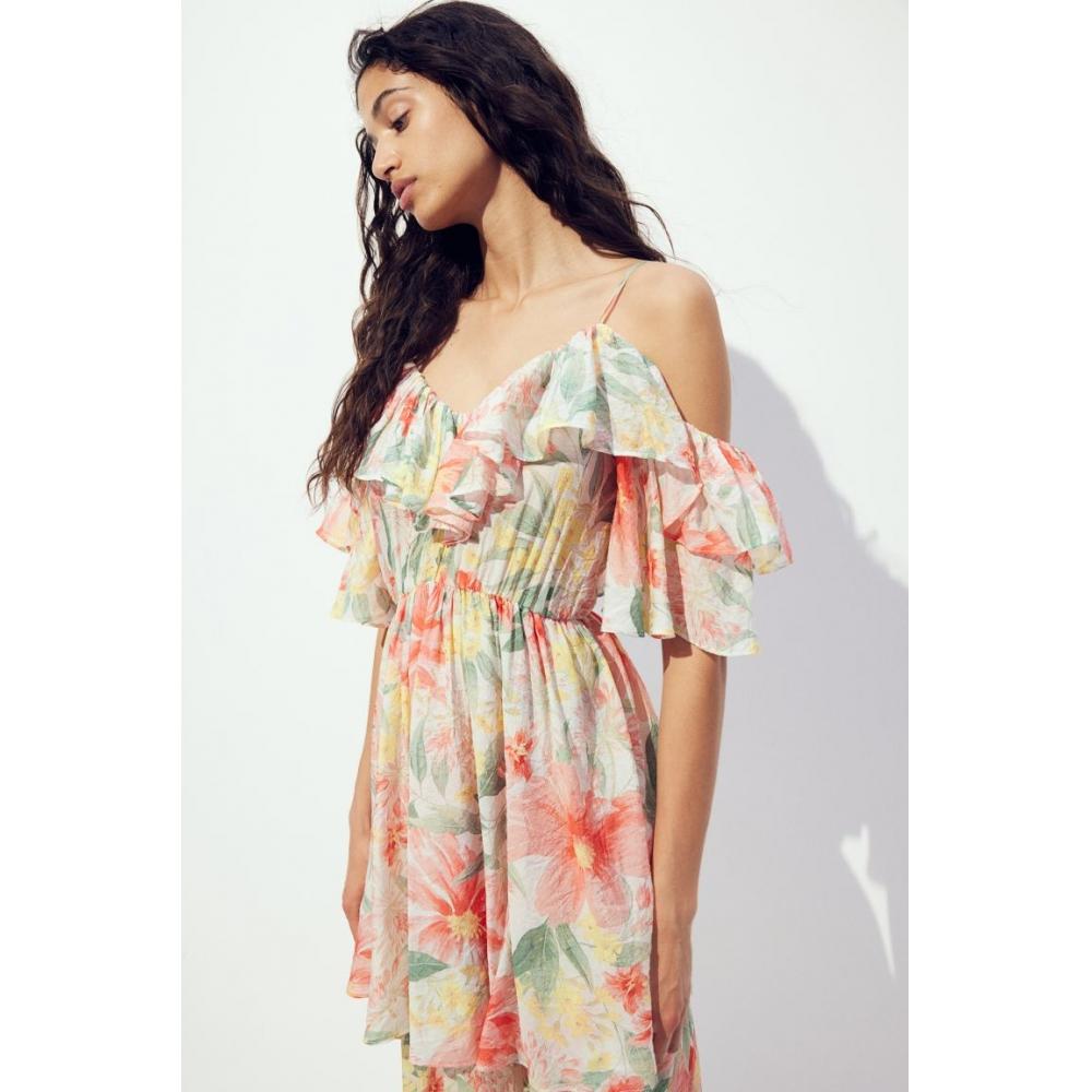 

Платье HM с вырезом на плечах, розовое с цветочным принтом