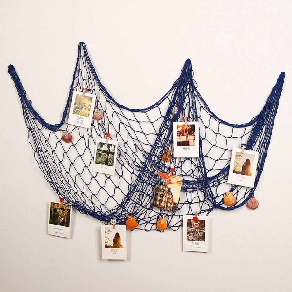 Wall Mounted Photo Hanging Fishing Net with Shells Coastal Style Net Display Wall Decor Bohemian Multi-size Beach Theme Decor