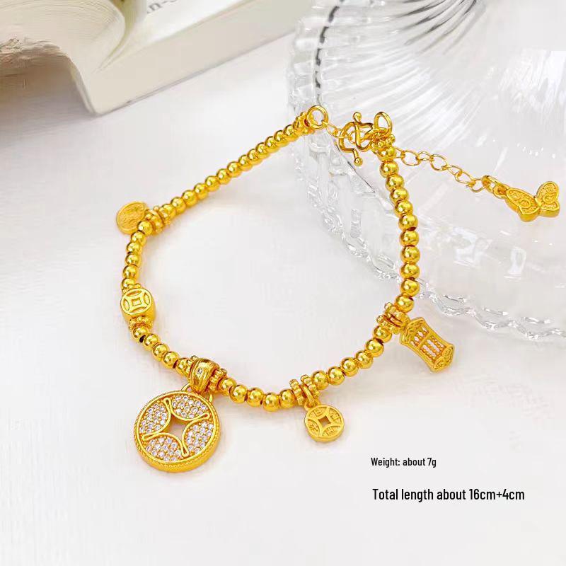 Gold-Plated Diamond Copper Coin Bracelet: Women's Chinese-Style Beaded Jewelry
