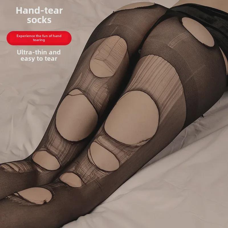 Ultra-thin Hand-torn Black Silk & Gray Pantyhose for Women - Sexy Transparent Flesh-colored Stockings