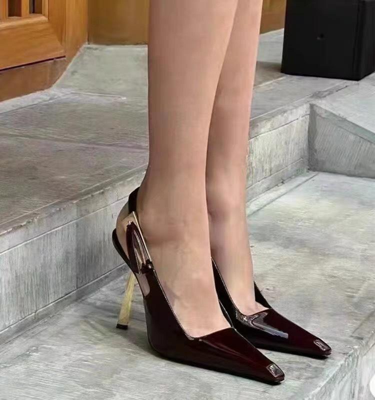 New Black High Heels Small Square Head Bag Head Back Empty Fashion Sexy Single Shoes Patent Leather Premium Sandals