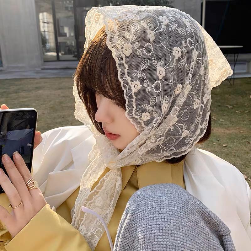 Sciarpa per capelli in pizzo floreale intrecciato bianco, avvolge le donne, foulard triangolare retrò, cappello, fascia per foto da viaggio, accessori per capelli