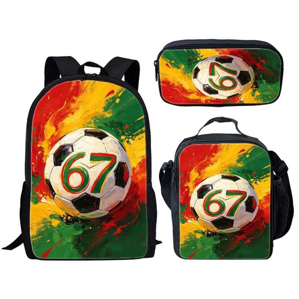 Three Piece Student Backpack Set Includes Backpack Lunch Bag Pencil Case Durable Material Suitable for School Use Sports Theme Design