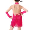 Girls Latin Salsa Dance Outfit Tiered Tassel Leotard Halter Sleeveless Backless Lace-Up Fringe Bodysuit with Gloves