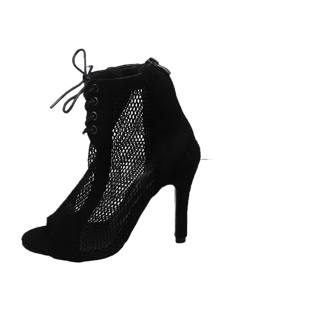 Außenhandel neuer europäischer und amerikanischer Wind Wildleder Mesh Spleißen Fischmaul hohl vorderer Riemen hinterer Reißverschluss dünner hoher Absatz coole Stiefel