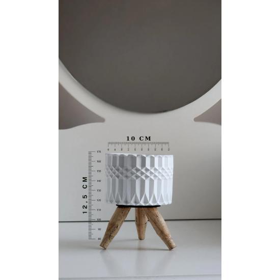 2'li Ahşap Ayaklı Minik Beton Vazo, Dekoratif Saksı, Küçük Vazo, Ev Ve Ofis Dekoru, Dekoratif Obje