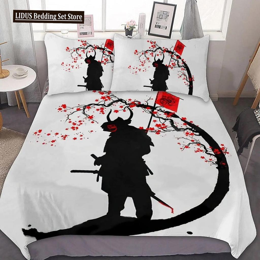Japanischer Schwarz-Weiß-Tuschestil Samurai-Schwert Rote Sakura 3D Bettbezug-Set Queen-Size Bushido-Kultur Bettwäsche-Set Bettdecken-Set