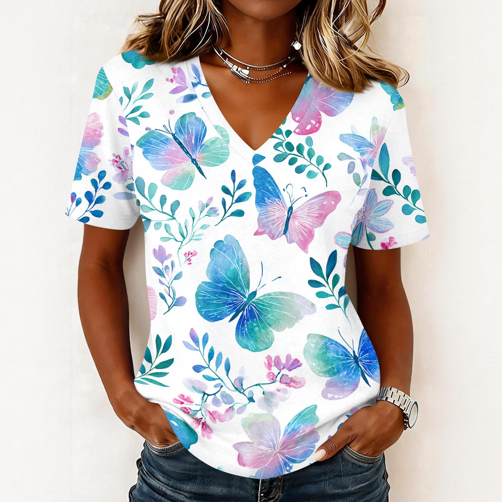 Women s fashionable casual short-sleeved floral print V-neck pullover top L