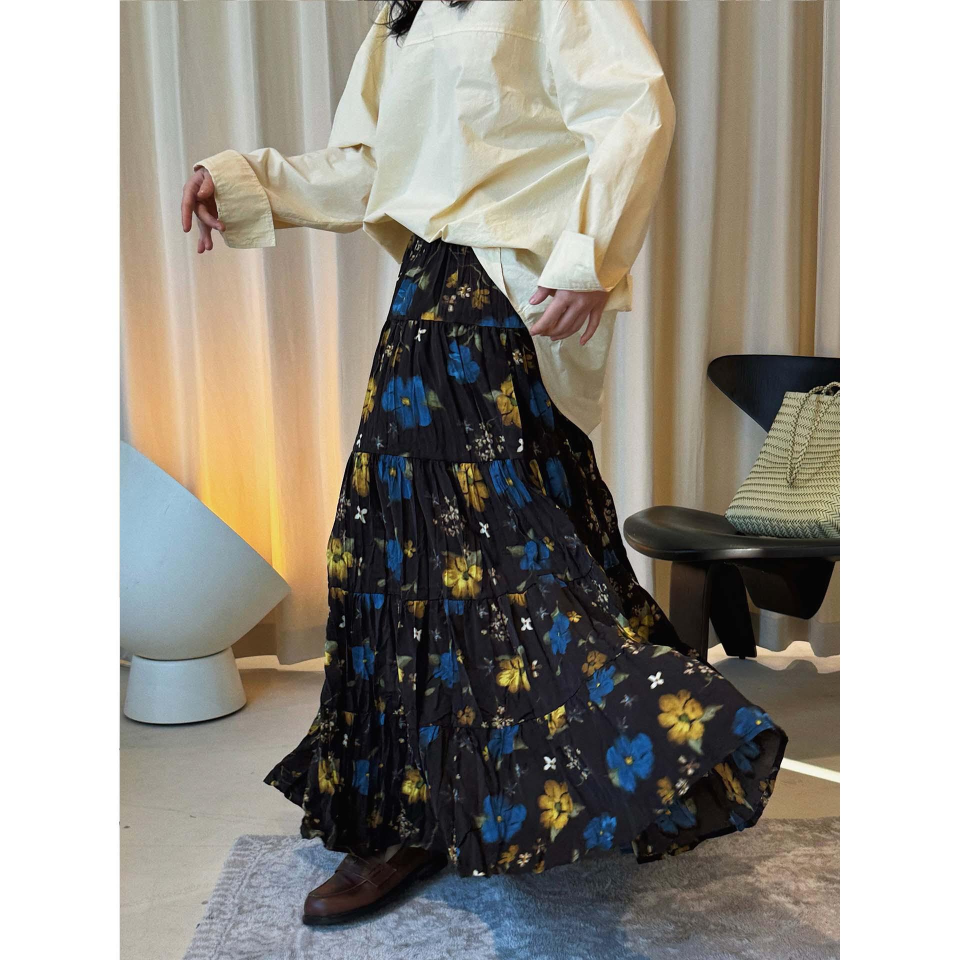 

Johnature Korean Vintage Artistic Elastic Waist Printed Pleated Midi Skirt Spring Summer Fashion A-line Long Skirts For Women One Size тёмно-синий