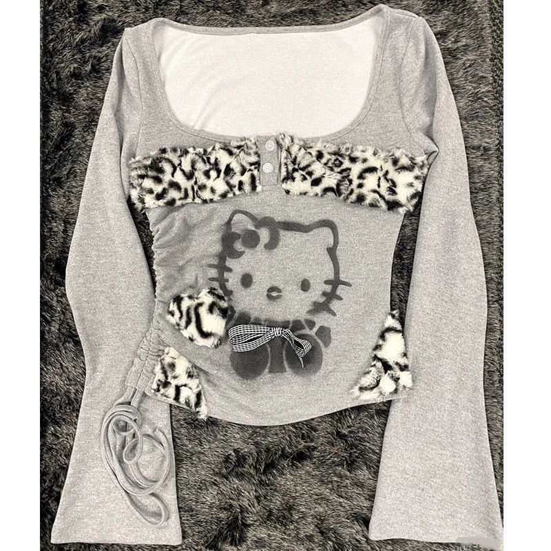 Long Sleeved T-shirt Early Spring American Style Kitten Print Patchwork Leopard Print Slim Fit Top Trend Sets