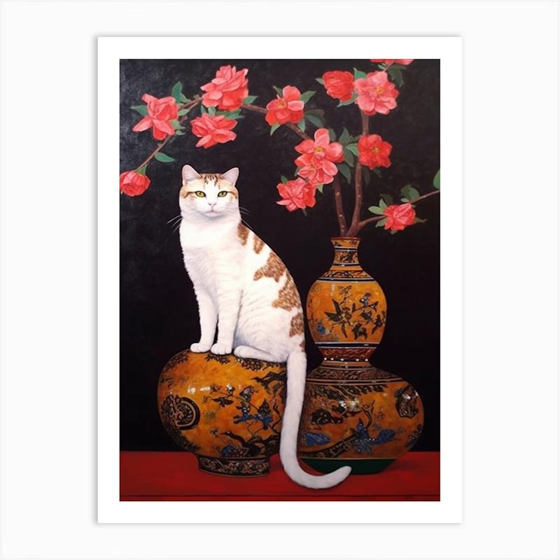 Vintage Bouquet Flower Lotus Lilies With A Cat Art Nouveau Klimt Style Art Print Poster Canvas Painting Wall Picture Room Decor