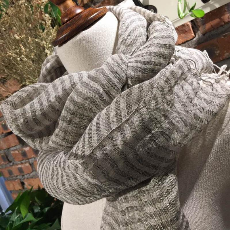 Linen Primary Color Dark Striped Couple Scarf Natural Men'S Lengthened Fringed Linen Scarf Japanese And Korean Popular Silk Scarf