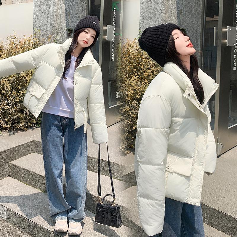 Women Autumn Winter Big Pocket Solid Color Thicken Outwear Cotton Padded Stand Collar Warm Short Jacket Coat