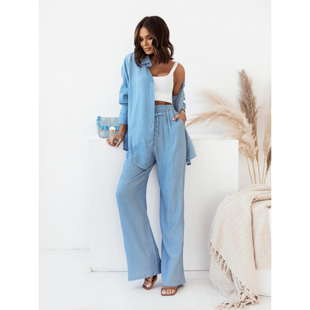 Women's 2-piece Casual Solid Color Loose Stretch Pleated Long-sleeved Shirt Wide-leg Pants