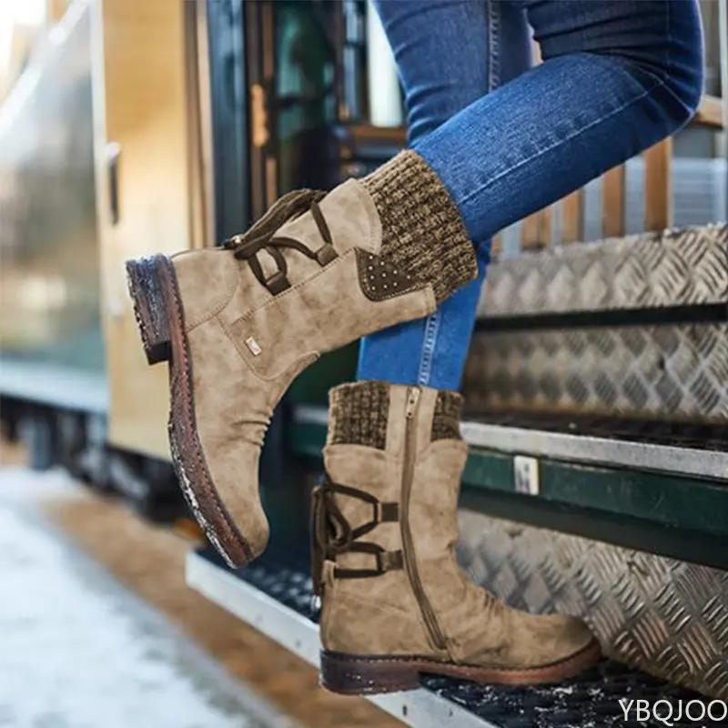 Fashion Women's  Boots Winter 2025 Side Zipper Snow Boots Lace Up Women Shoes Size 43 Knitting Retro Ankle Boots Botas De Mujer