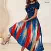Women Plus Size Round Neck Short Sleeve Printed Gathered Waist A Line Long Dress Red Blue White