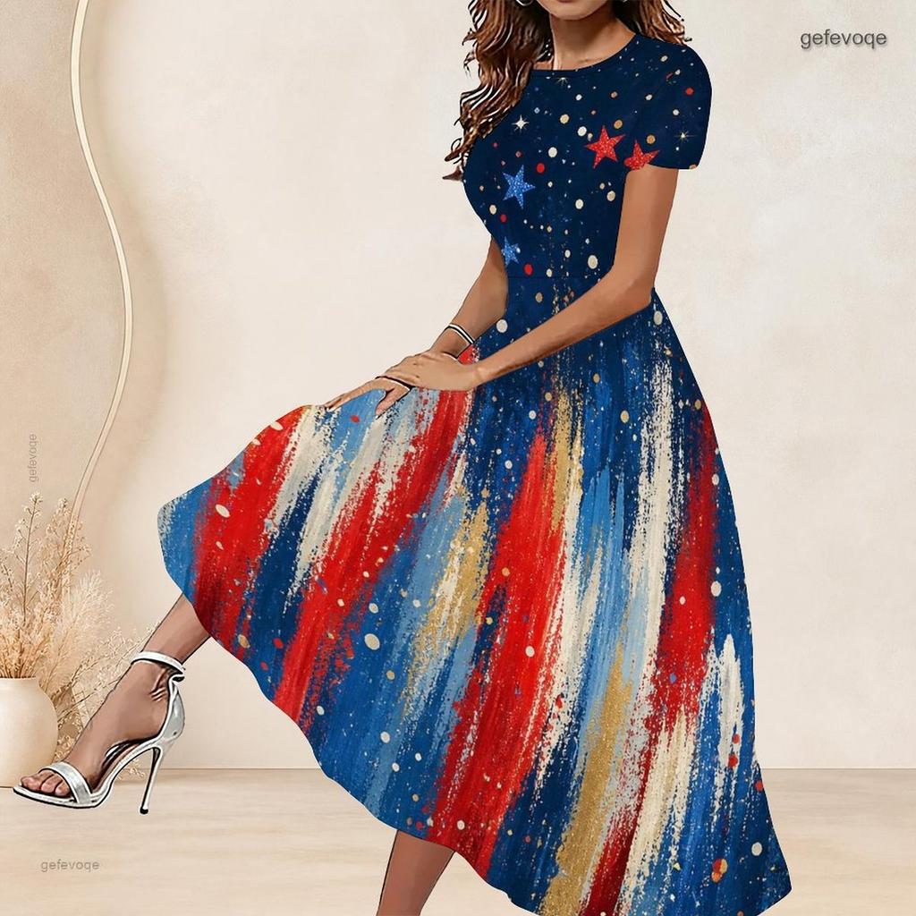 Women Plus Size Round Neck Short Sleeve Printed Gathered Waist A Line Long Dress Red Blue White