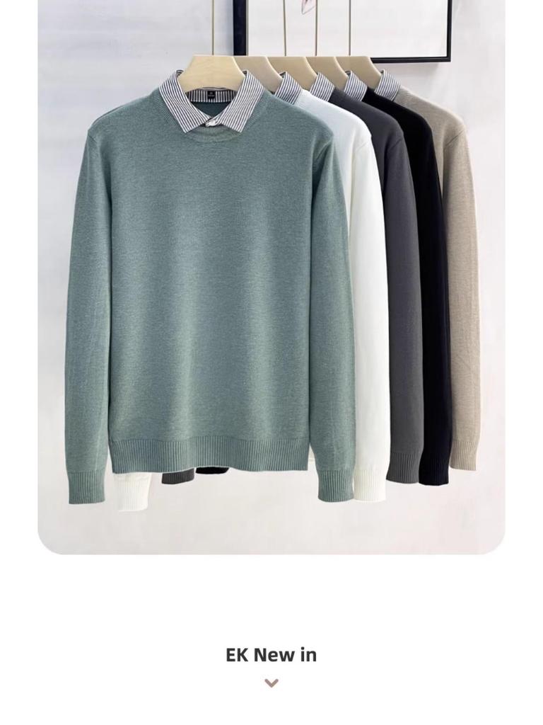 Men's High-End Faux Two-Piece Striped Sweater with Shirt Collar - Versatile Knit Base Layer for Autumn/Winter.