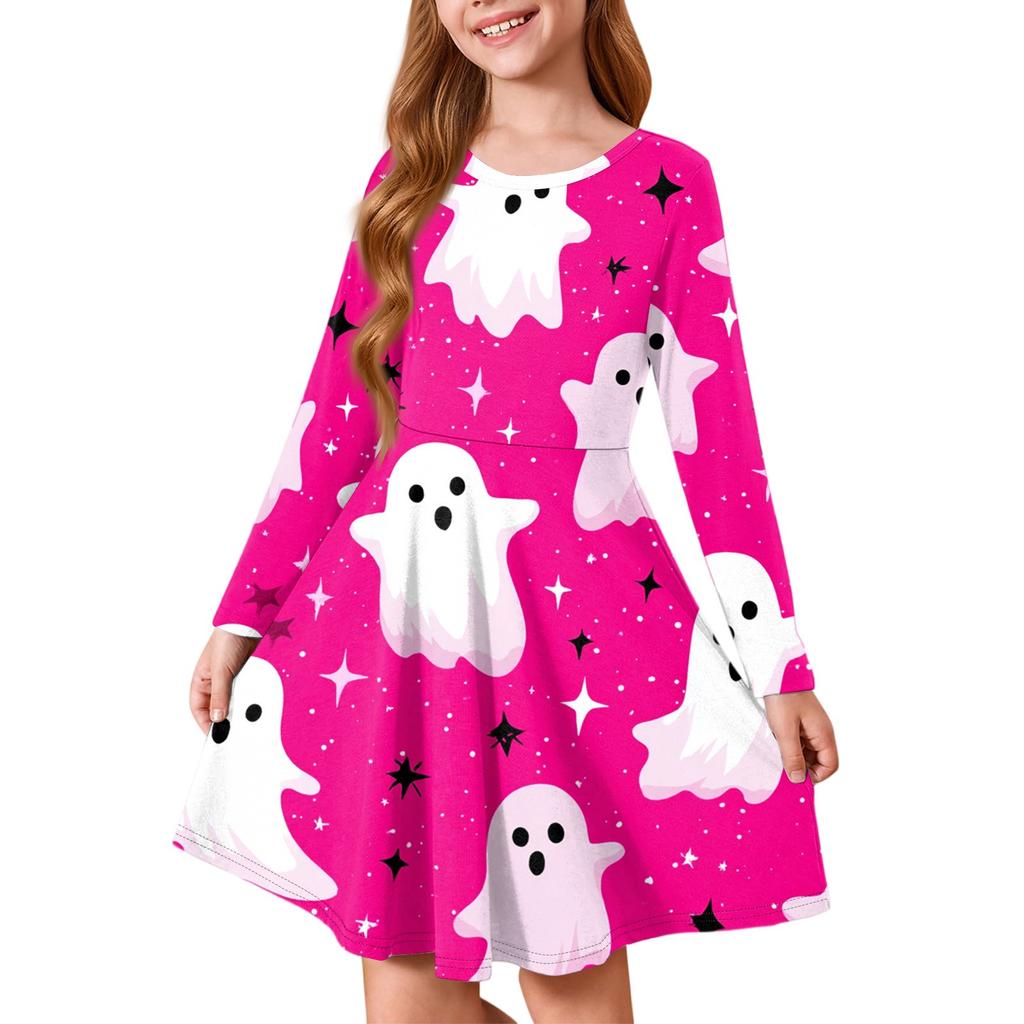 Girls' Summer Princess Dress Halloween Day- Long Sleeve A-Line T-Shirt Dress