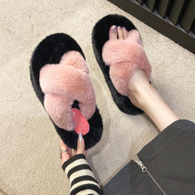 4Cm heel large size fluffy slippers women's 2025 winter new thickened warm non-slip Korean version indoor cotton slippers