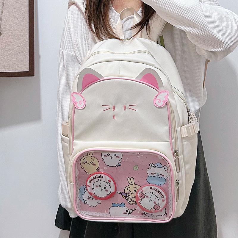 Large-capacity Schoolbag, Female Junior High School Student Kitten Backpack, Student Japanese Pain Bag Ins Wind Transparent Backpack Tide