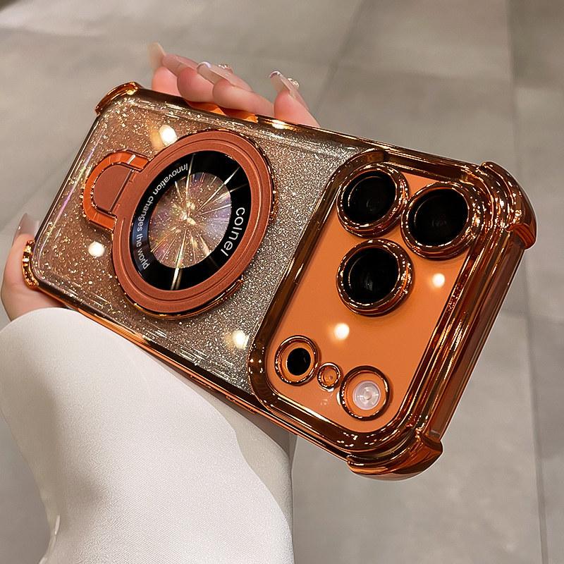 Applicable to Apple 17Promax mobile phone case, airbag electroplating glitter, soft case iPhone16 magnetic suction bracket, anti-drop.
