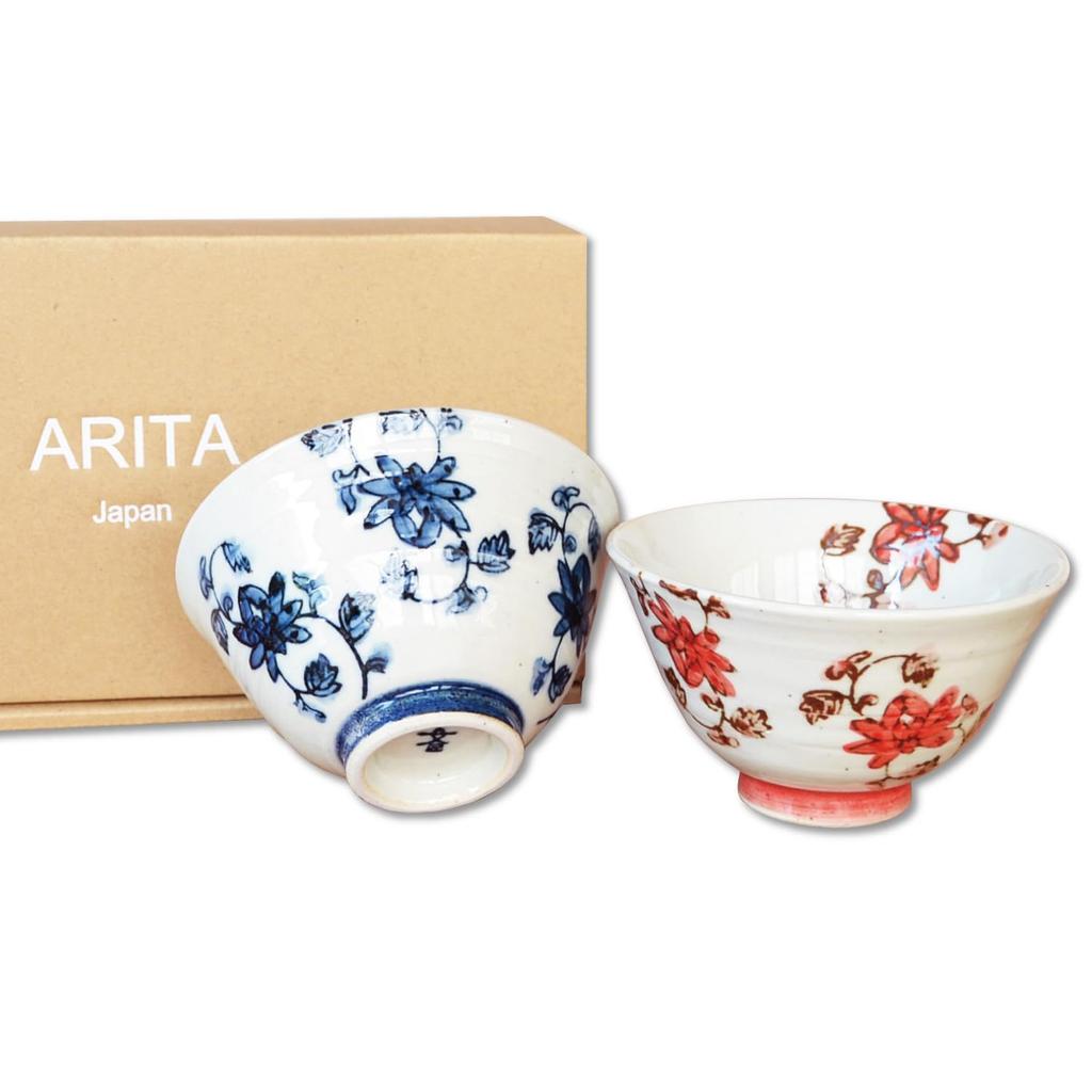 A Stylish Pair of Arita Ware Rice Bowls with a Saika Arabesque Perfect As a Gift for a Gift Made In Design, Couple. Boxed. Japan.