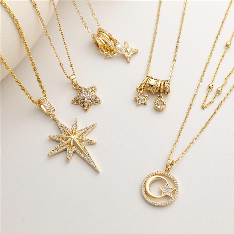 18K Gold Copper Necklace with Zircon & Diamond Eight-Pointed Star Pendant - Light Luxury Clavicle Chain