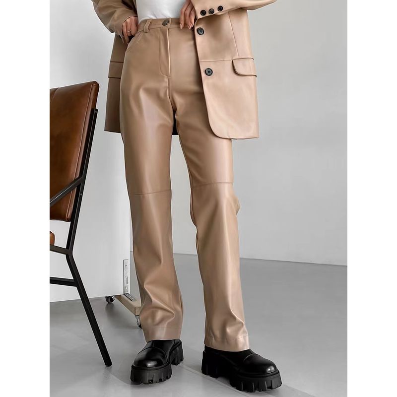 

Fashion New Arrival British Elegant Locomotive Patchwork Casual Pu Pants Casual Patchwork Pu Pants Kakh S