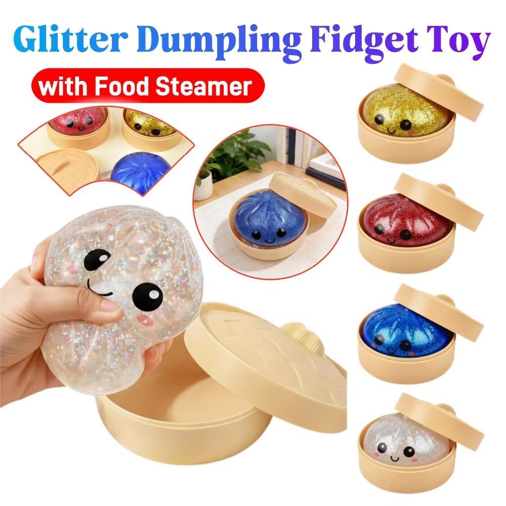 Glitter Bun with Food Steamer Stretchy Desk Toys Kawaii Soft Dumpling Bun Simulation Fidget Toy Squeeze Dough Ball Birthday Part